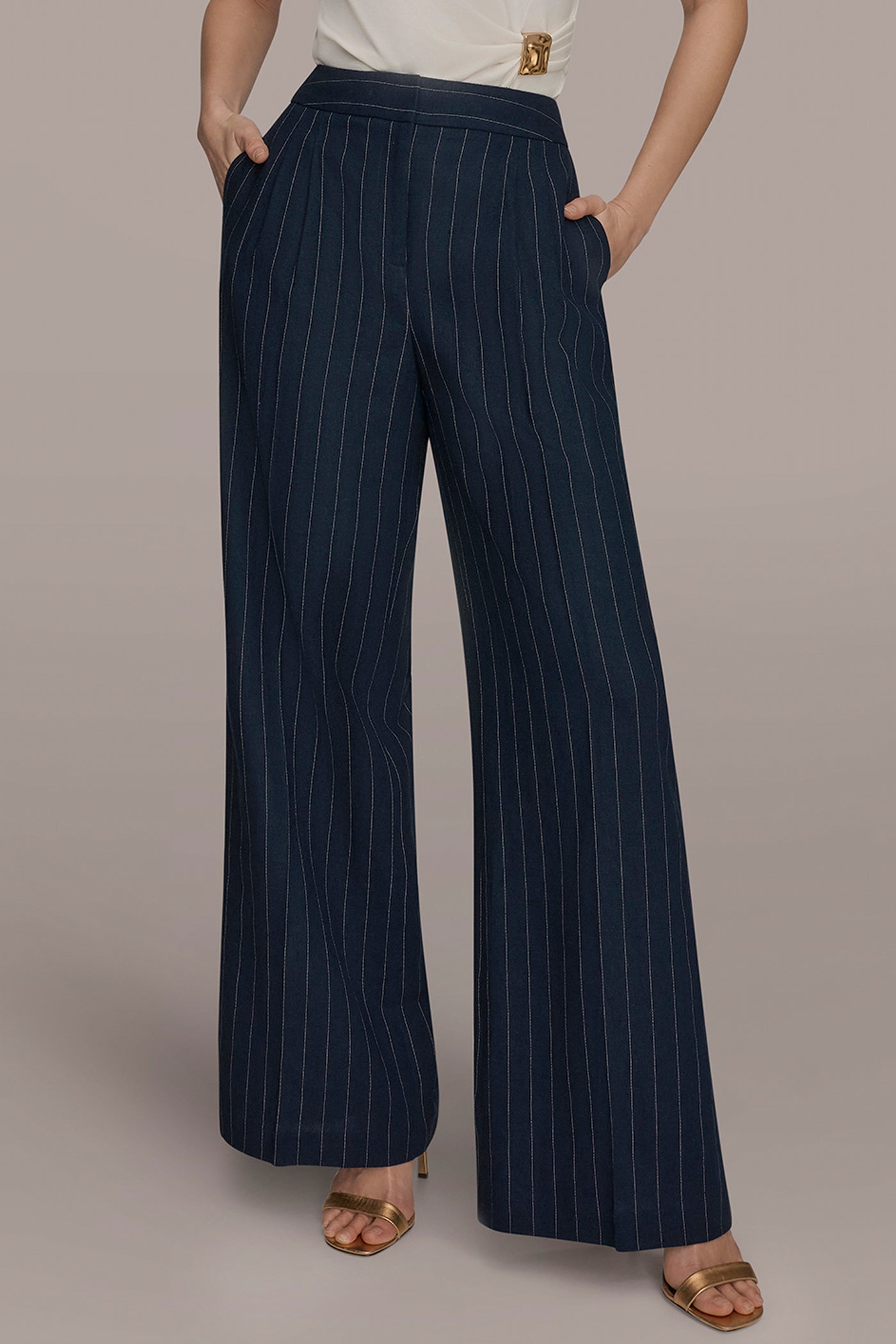 Donna Karan | LINEN-BLEND PINSTRIPE WIDE-LEG SUIT PANT