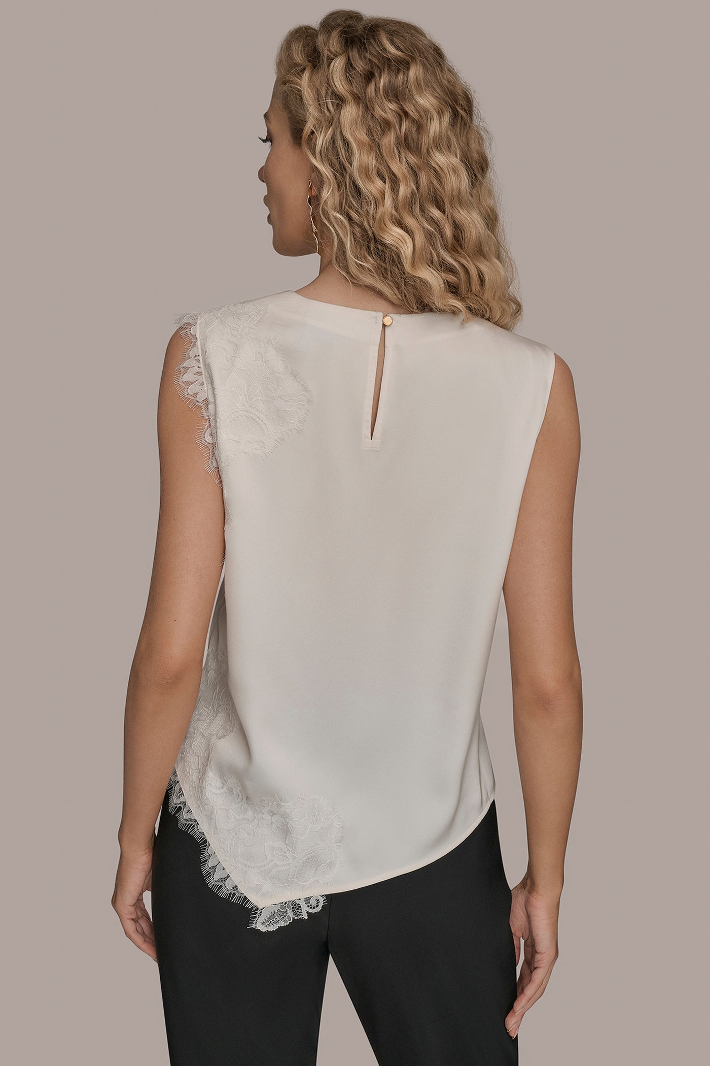 Donna Karan | SLEEVELESS LACE-TRIM CREPE BLOUSE