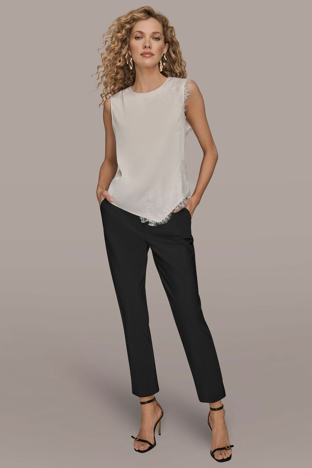 Donna Karan | SLEEVELESS LACE-TRIM CREPE BLOUSE