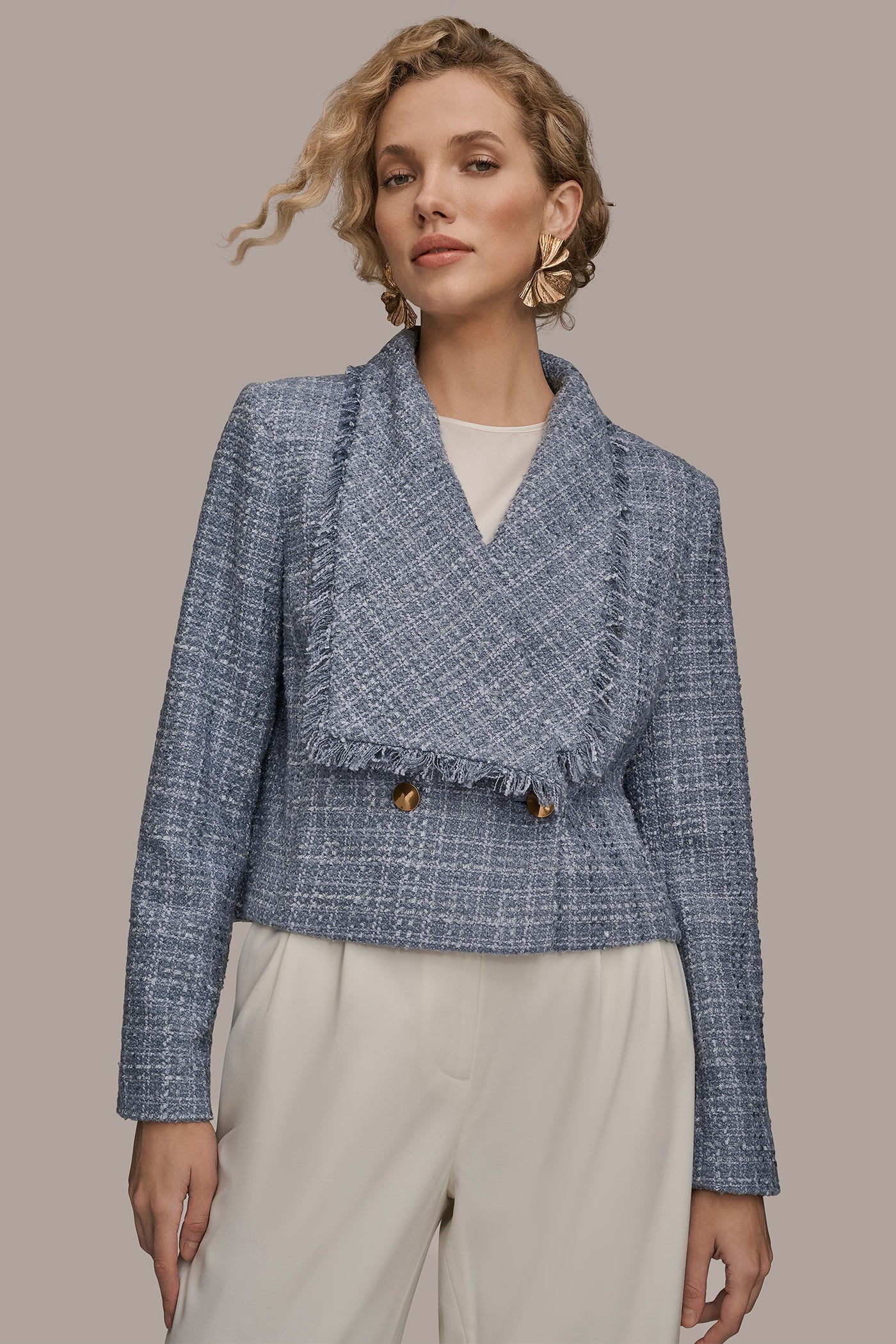 Donna Karan | CROPPED DOUBLE-BREASTED FRINGED TWEED JACKET