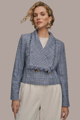 Donna Karan | CROPPED DOUBLE-BREASTED FRINGED TWEED JACKET