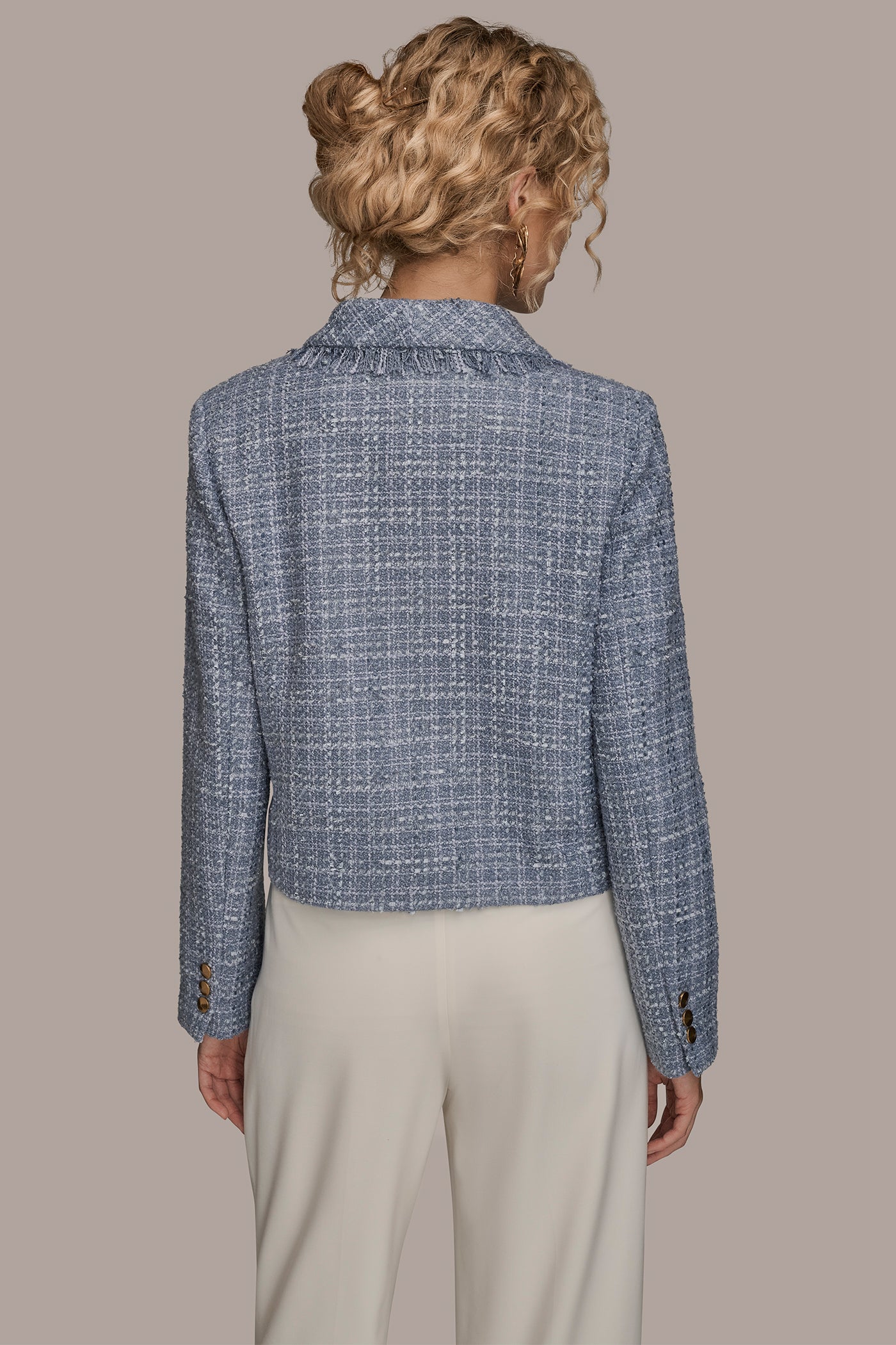 Donna Karan | CROPPED DOUBLE-BREASTED FRINGED TWEED JACKET