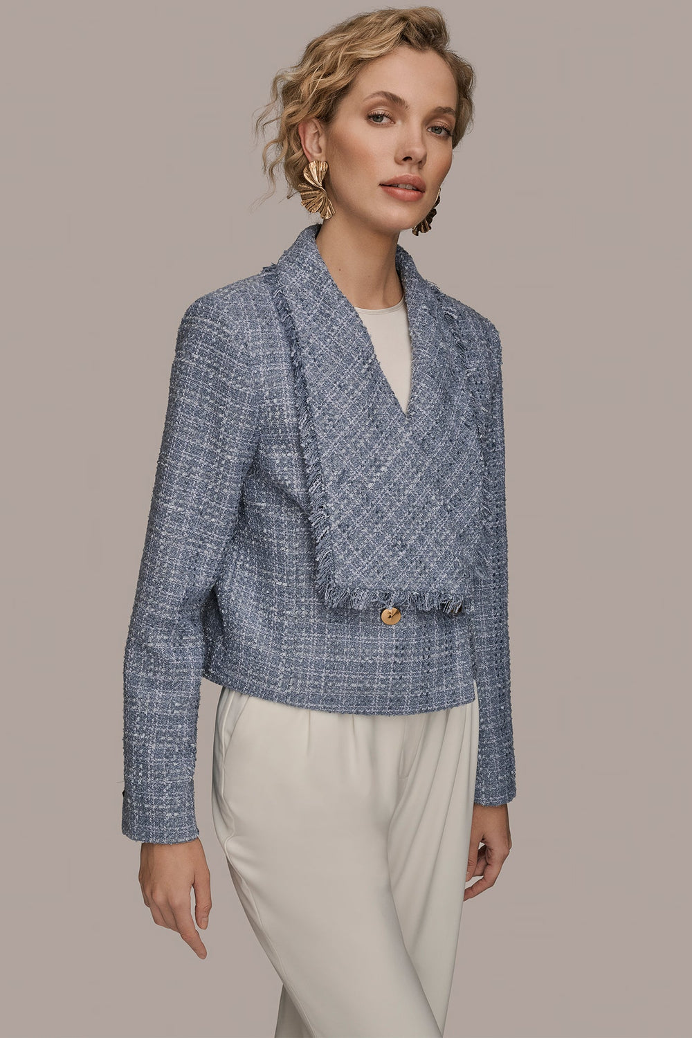 Donna Karan | CROPPED DOUBLE-BREASTED FRINGED TWEED JACKET