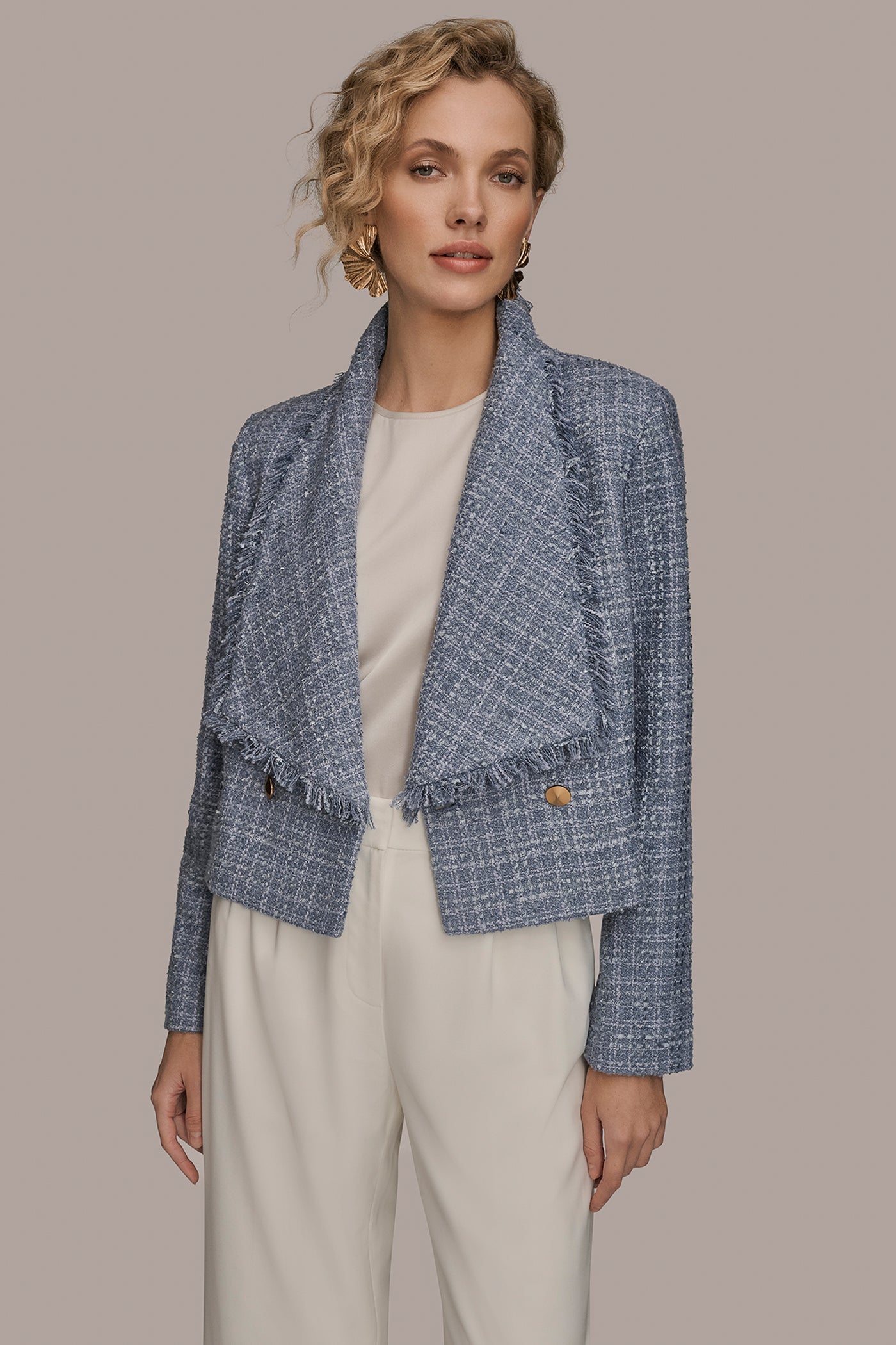 Donna Karan | CROPPED DOUBLE-BREASTED FRINGED TWEED JACKET