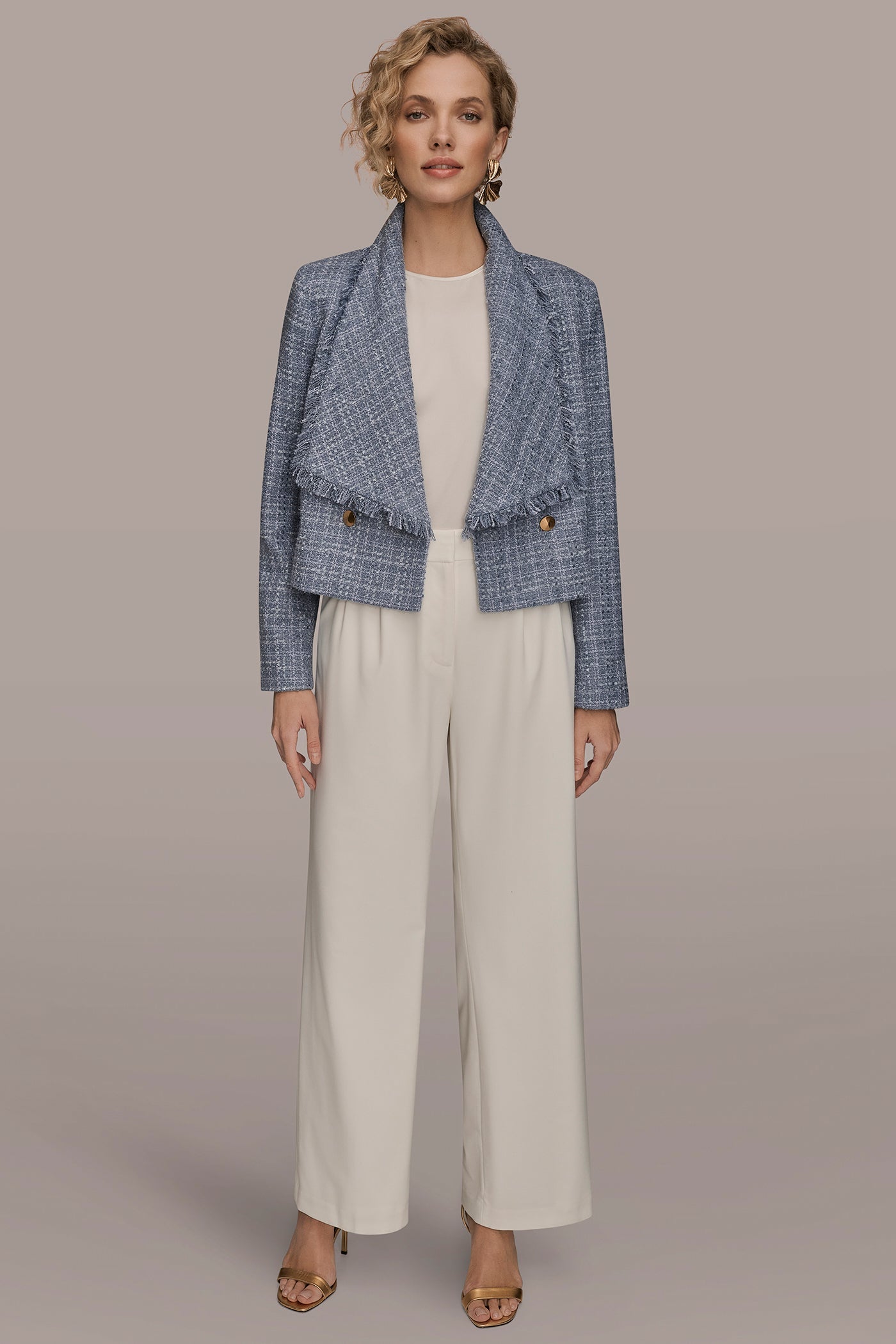 Donna Karan | CROPPED DOUBLE-BREASTED FRINGED TWEED JACKET