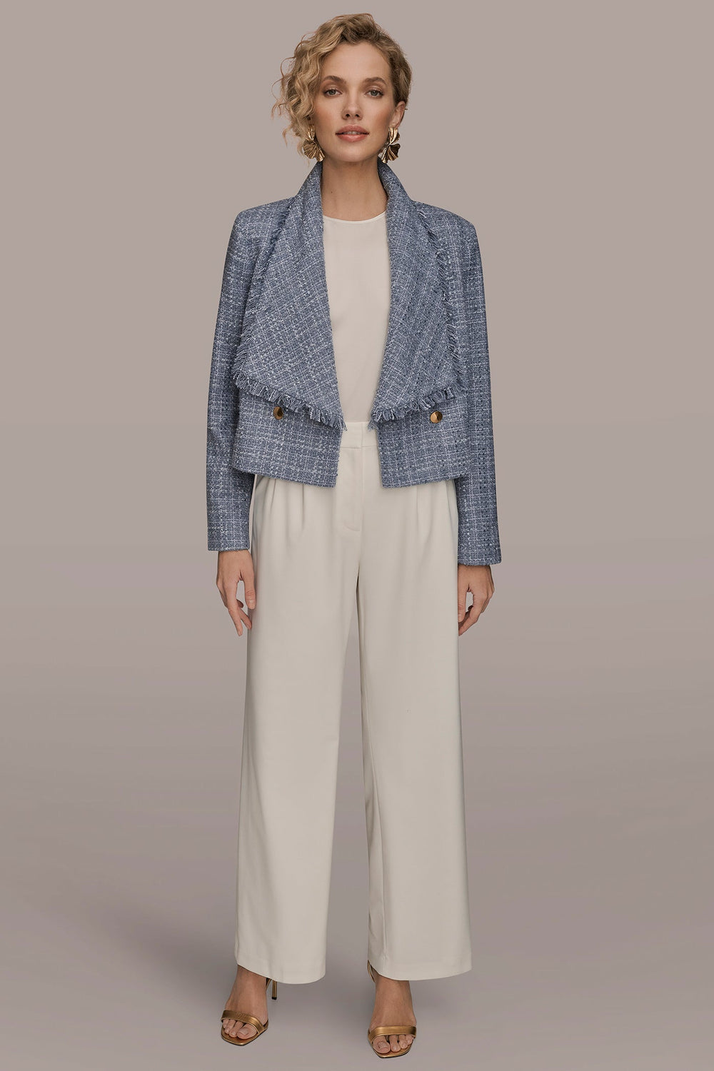 Donna Karan | CROPPED DOUBLE-BREASTED FRINGED TWEED JACKET