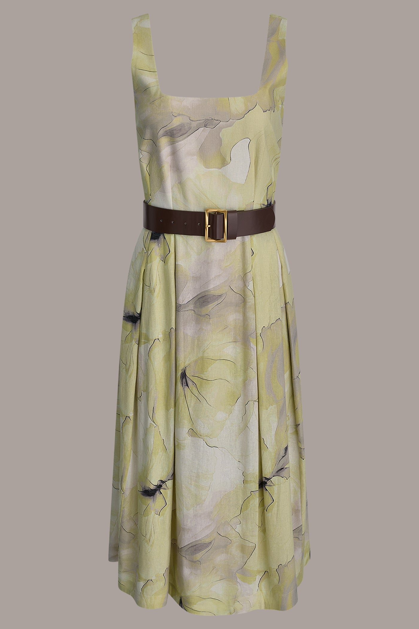 Donna Karan | SLEEVELESS SQUARE NECK PRINTED BELTED MIDI FIT AND FLARE DRESS