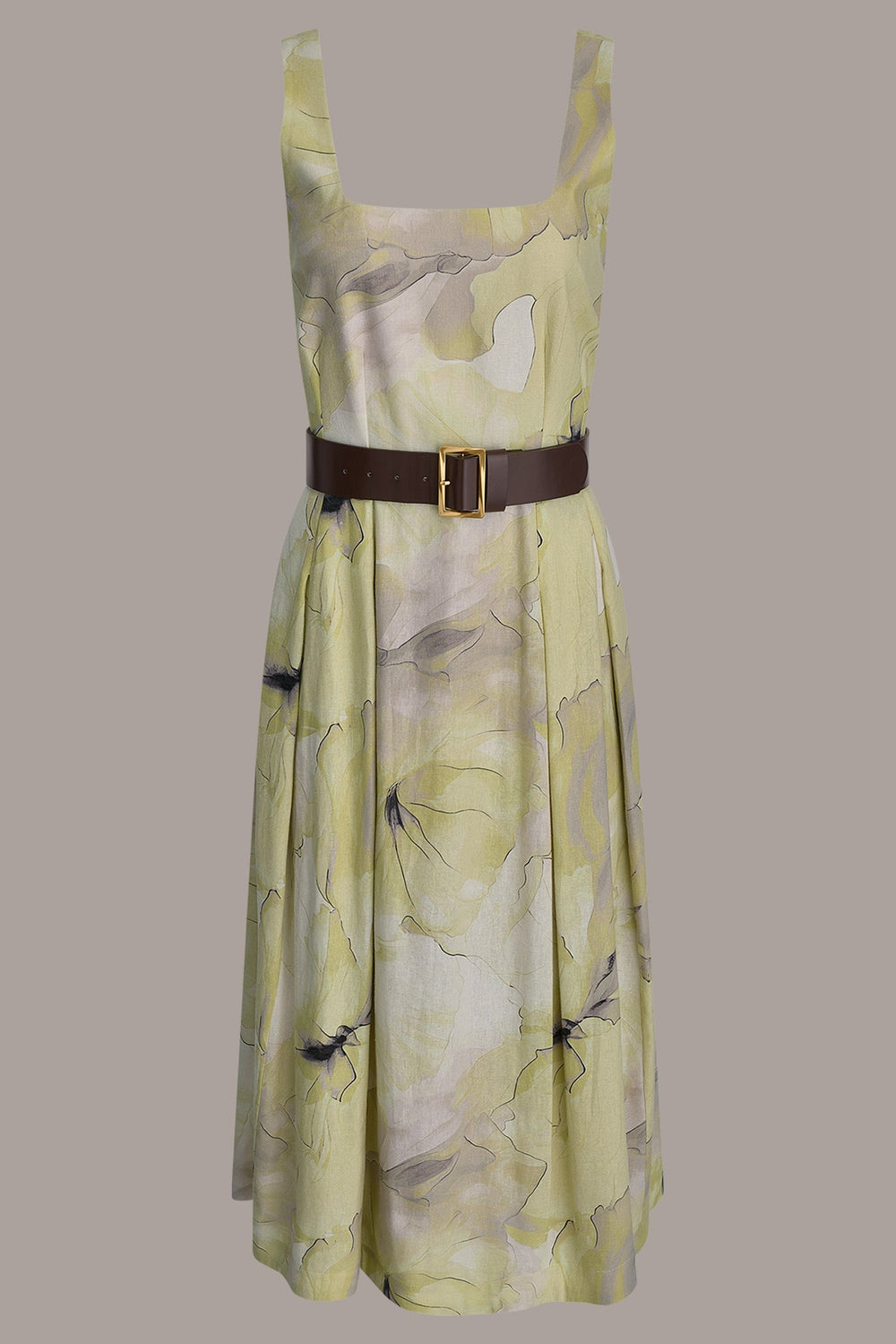 Donna Karan | SLEEVELESS SQUARE NECK PRINTED BELTED MIDI FIT AND FLARE DRESS