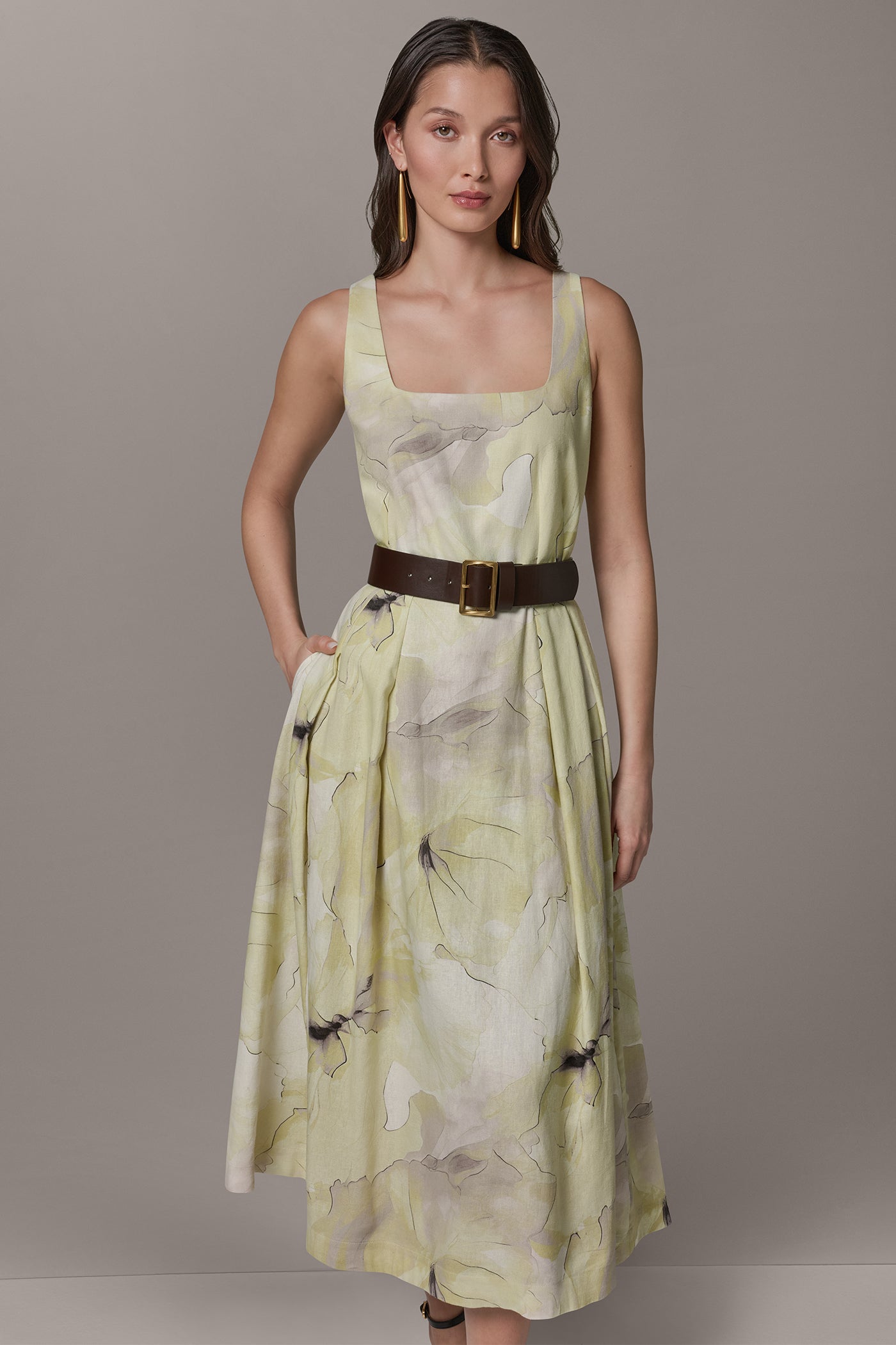 Donna Karan | SLEEVELESS SQUARE NECK PRINTED BELTED MIDI FIT AND FLARE DRESS