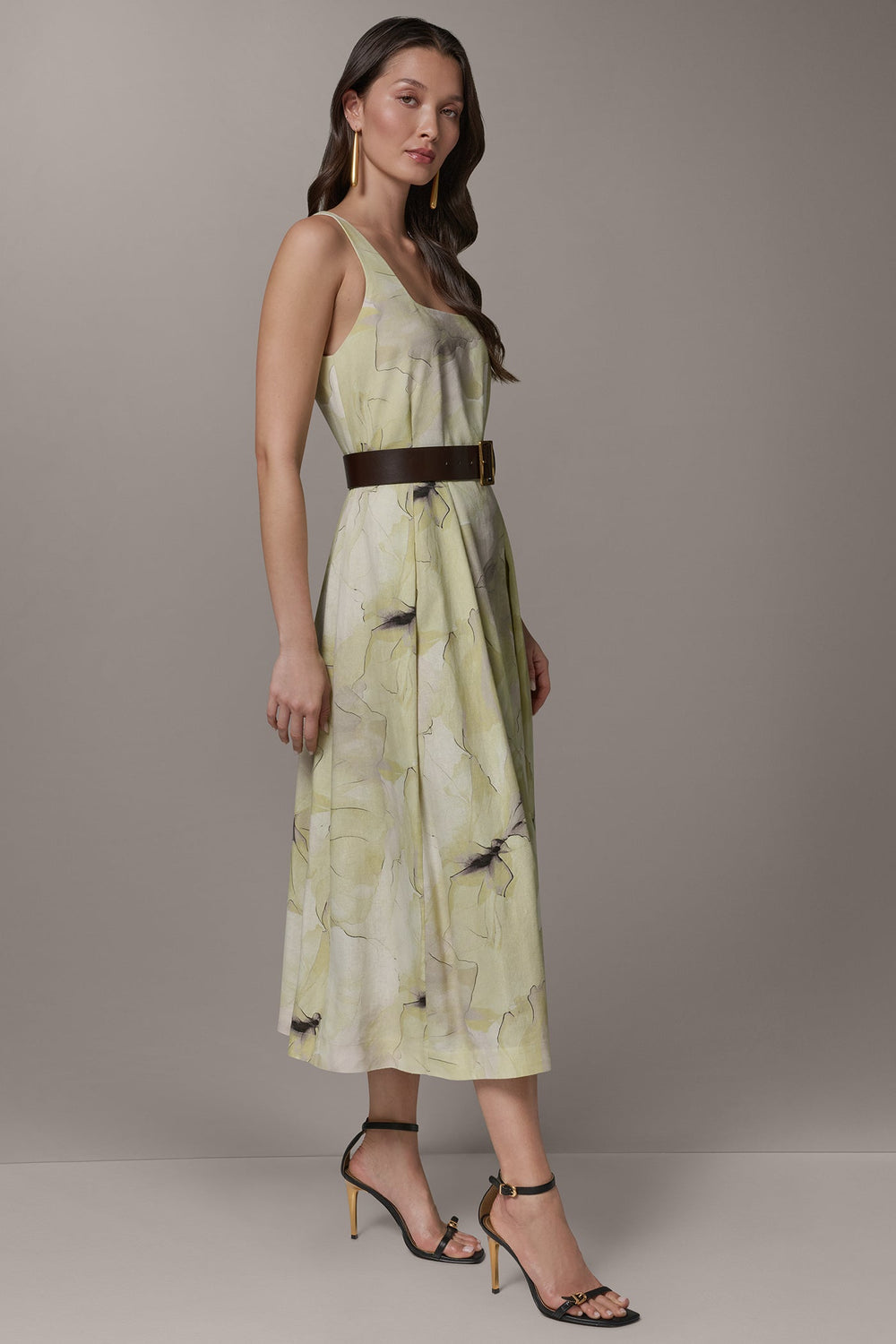 Donna Karan | SLEEVELESS SQUARE NECK PRINTED BELTED MIDI FIT AND FLARE DRESS