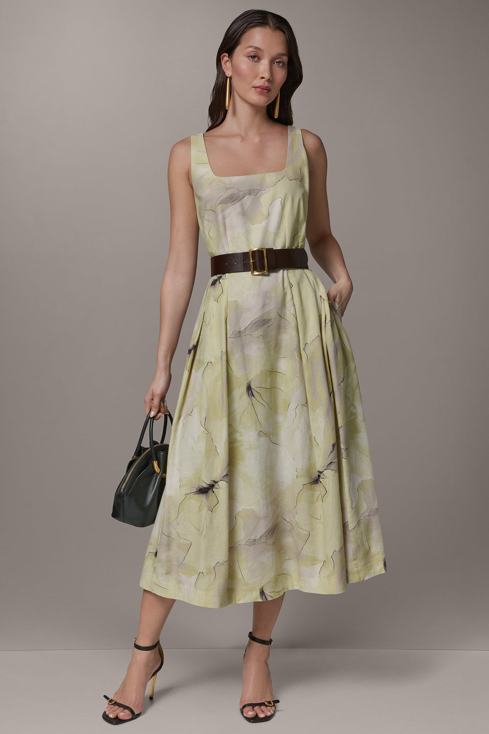 Donna Karan | SLEEVELESS SQUARE NECK PRINTED BELTED MIDI FIT AND FLARE DRESS