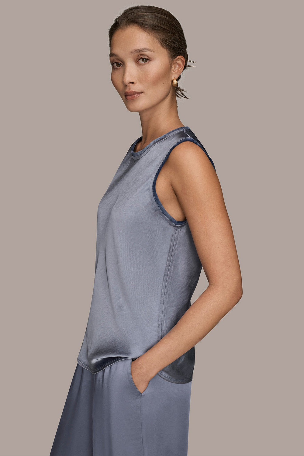 Donna Karan | SATIN FRINGE-TRIMMED SLEEVELESS BLOUSE