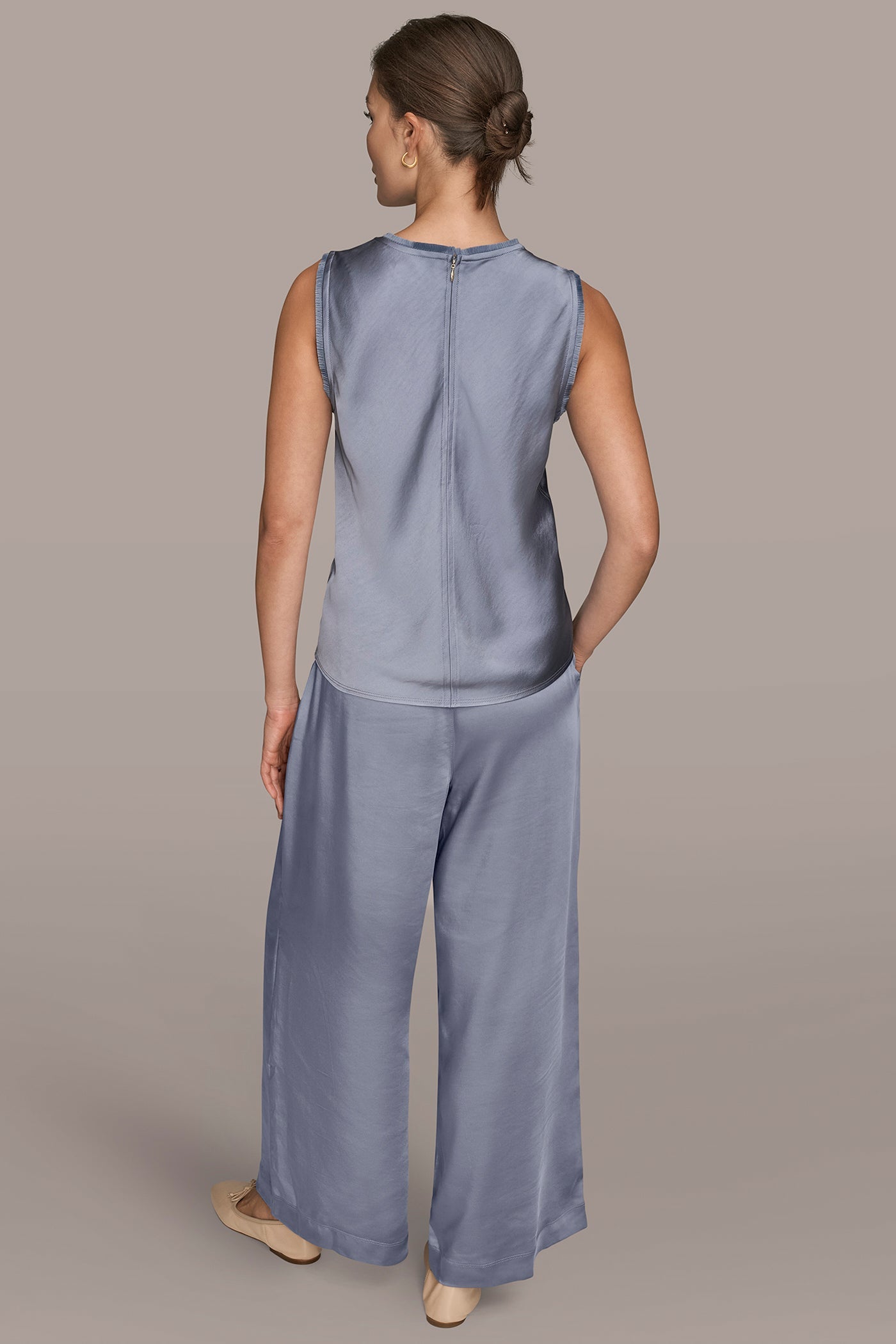 Donna Karan | SATIN FRINGE-TRIMMED SLEEVELESS BLOUSE