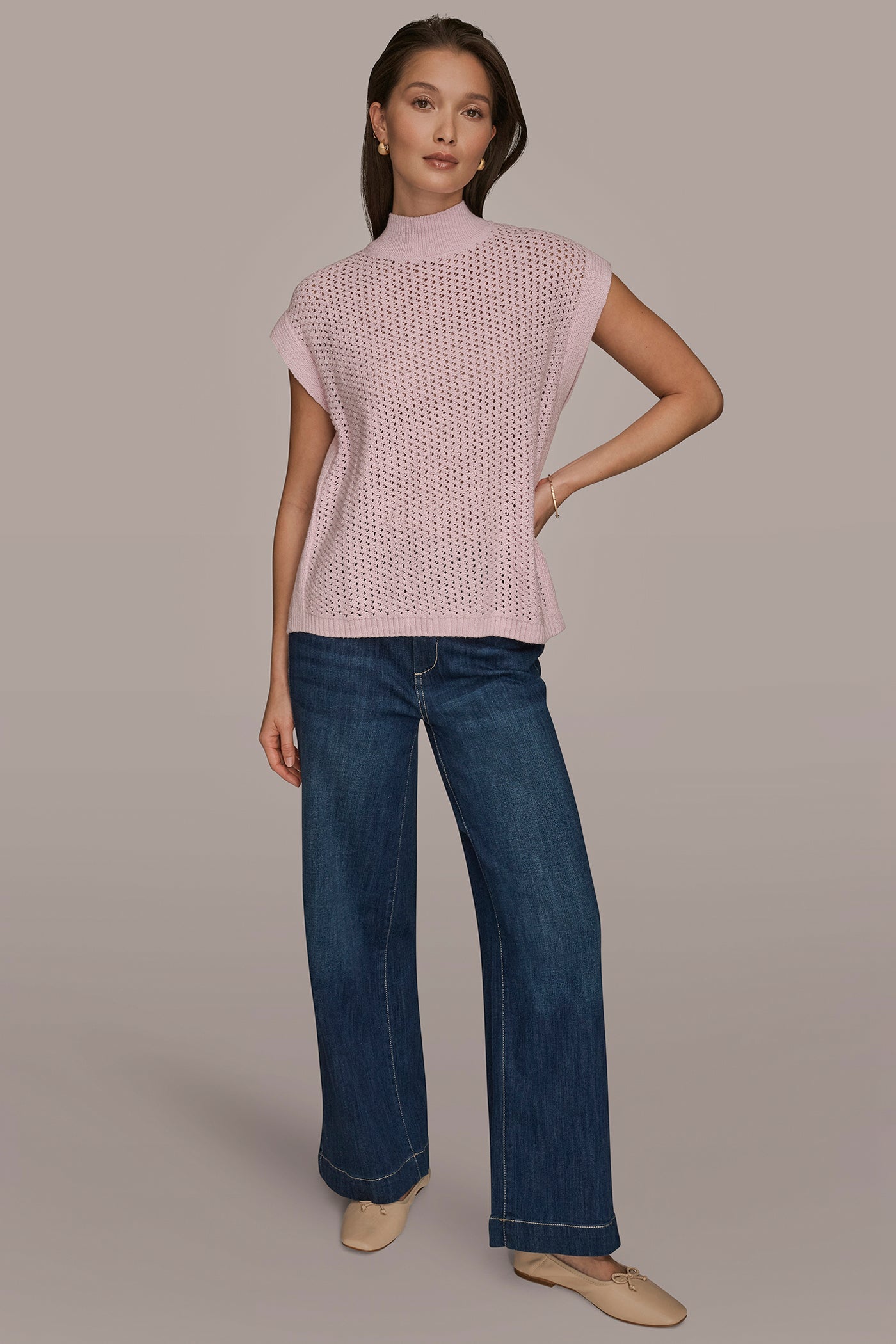 Donna Karan | SLEEVELESS MOCK-NECK OPEN STITCH SWEATER