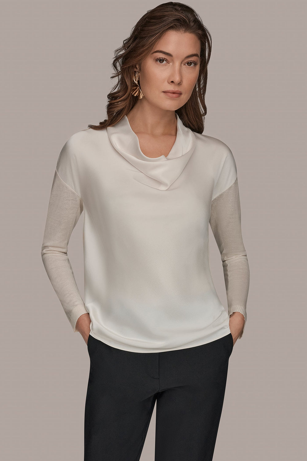 Donna Karan | LONG SLEEVE COWL-NECK MIXED-MEDIA SWEATER
