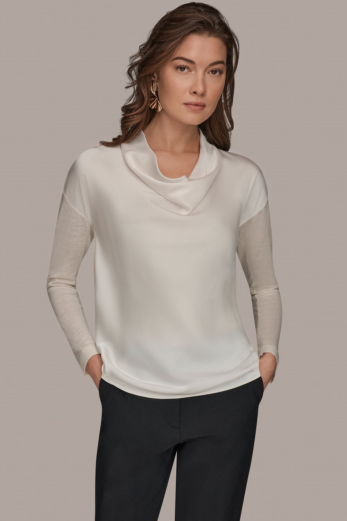 Donna Karan | LONG SLEEVE COWL-NECK MIXED-MEDIA SWEATER