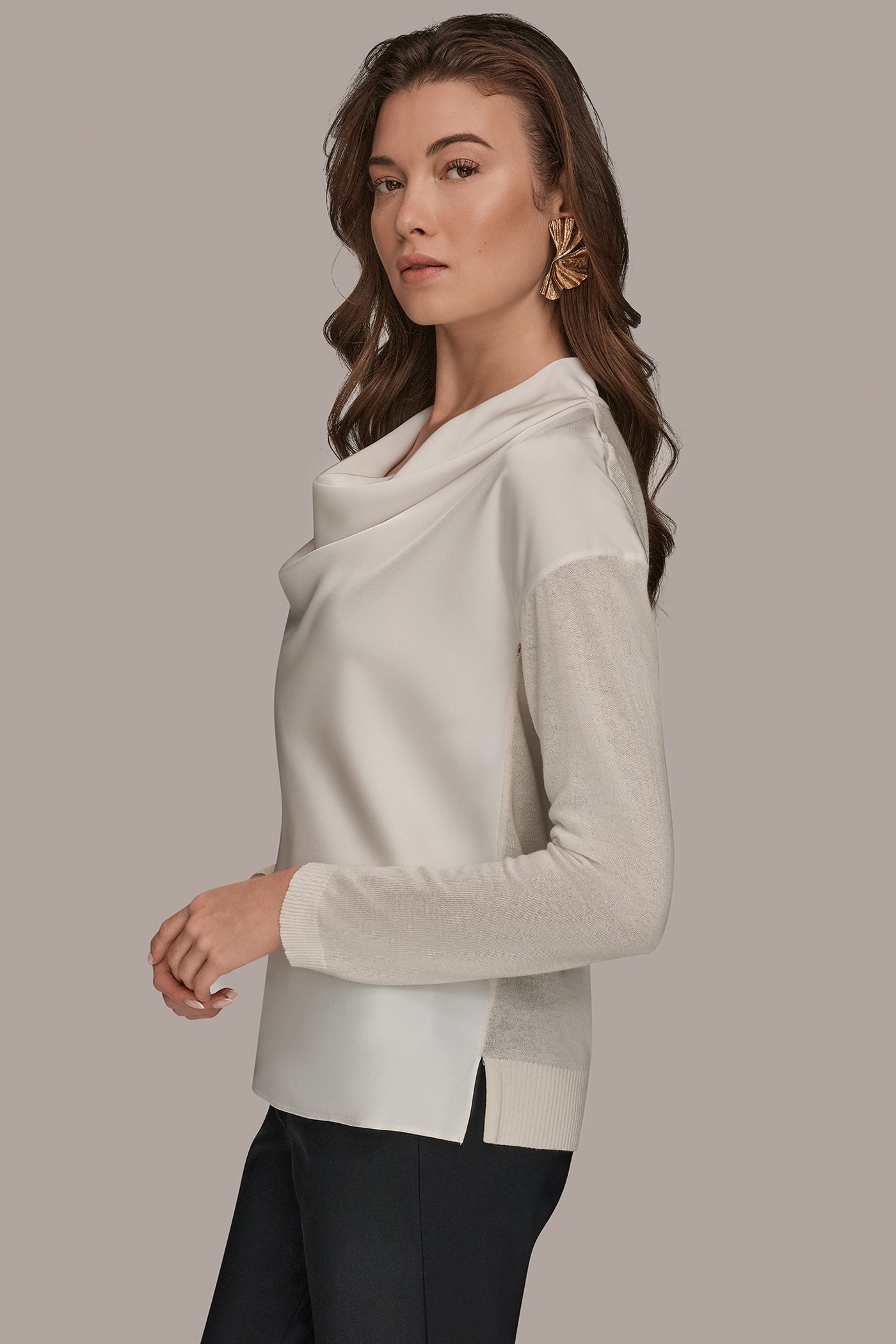 Donna Karan | LONG SLEEVE COWL-NECK MIXED-MEDIA SWEATER