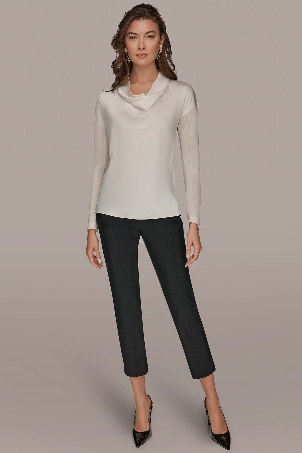 Donna Karan | LONG SLEEVE COWL-NECK MIXED-MEDIA SWEATER