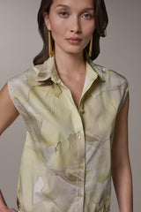 Donna Karan | SLEEVELESS PRINT DRAWSTRING HEM BLOUSE
