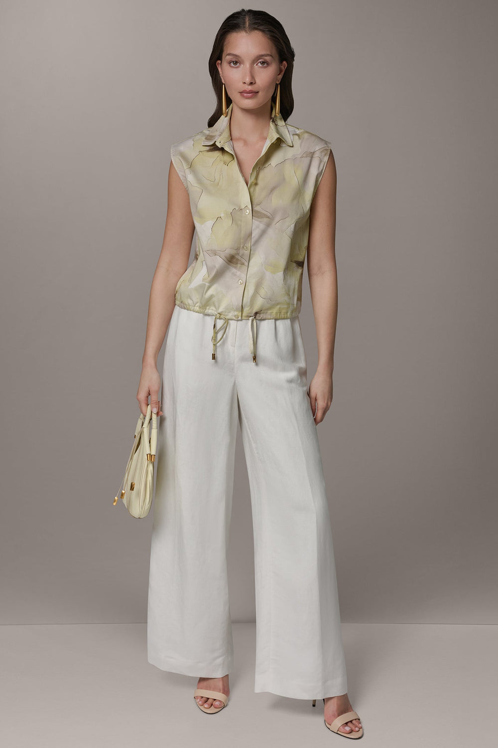 Donna Karan | SLEEVELESS PRINT DRAWSTRING HEM BLOUSE