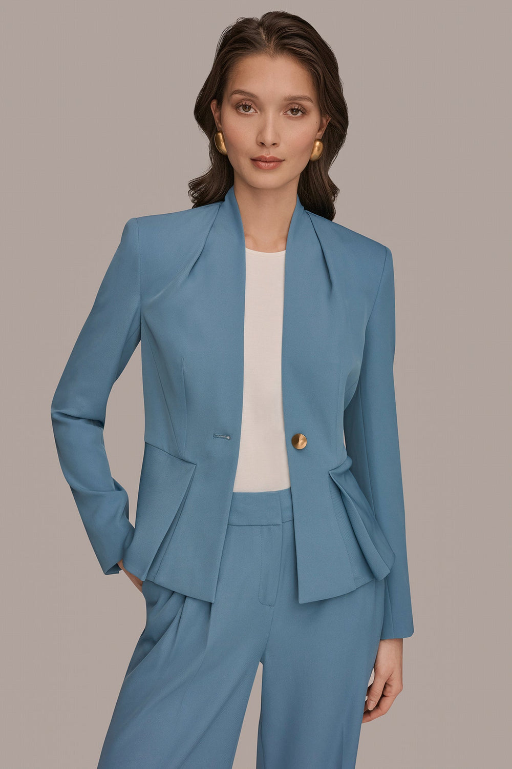 Donna Karan | COLLARLESS PLEATED PEPLUM BLAZER