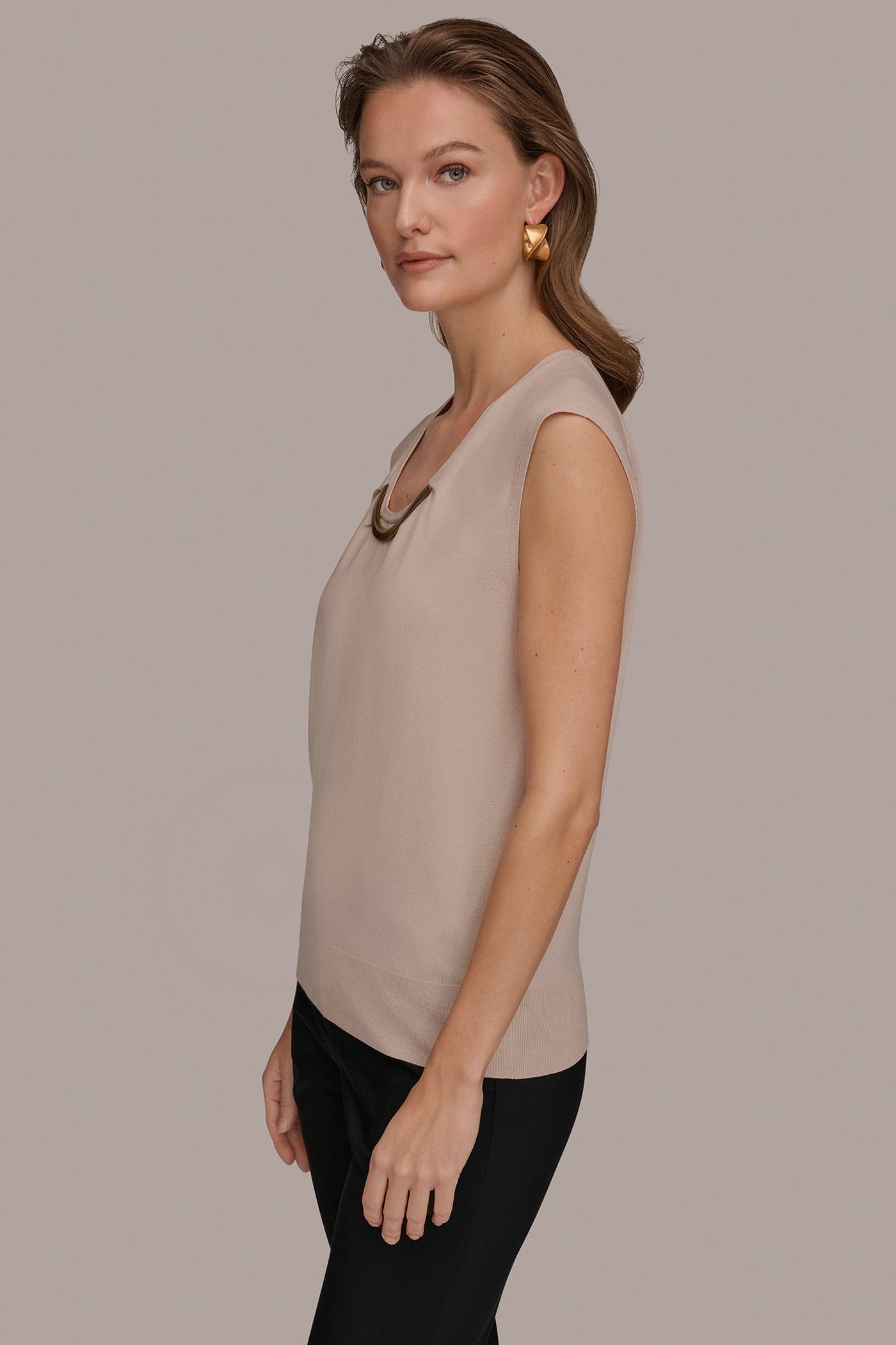 Donna Karan | CAP SLEEVE METALLIC TRIM SWEATER