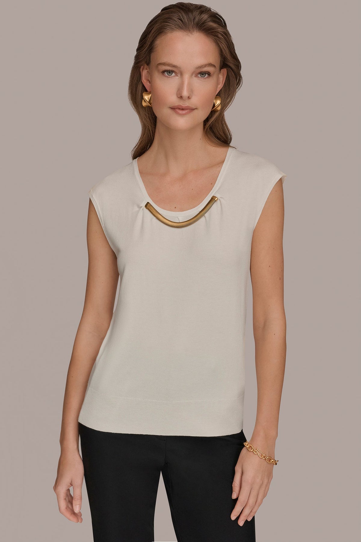 Donna Karan | CAP SLEEVE METALLIC TRIM SWEATER