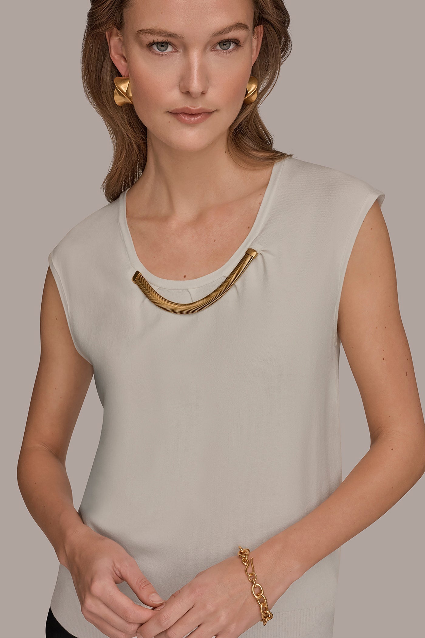 Donna Karan | CAP SLEEVE METALLIC TRIM SWEATER
