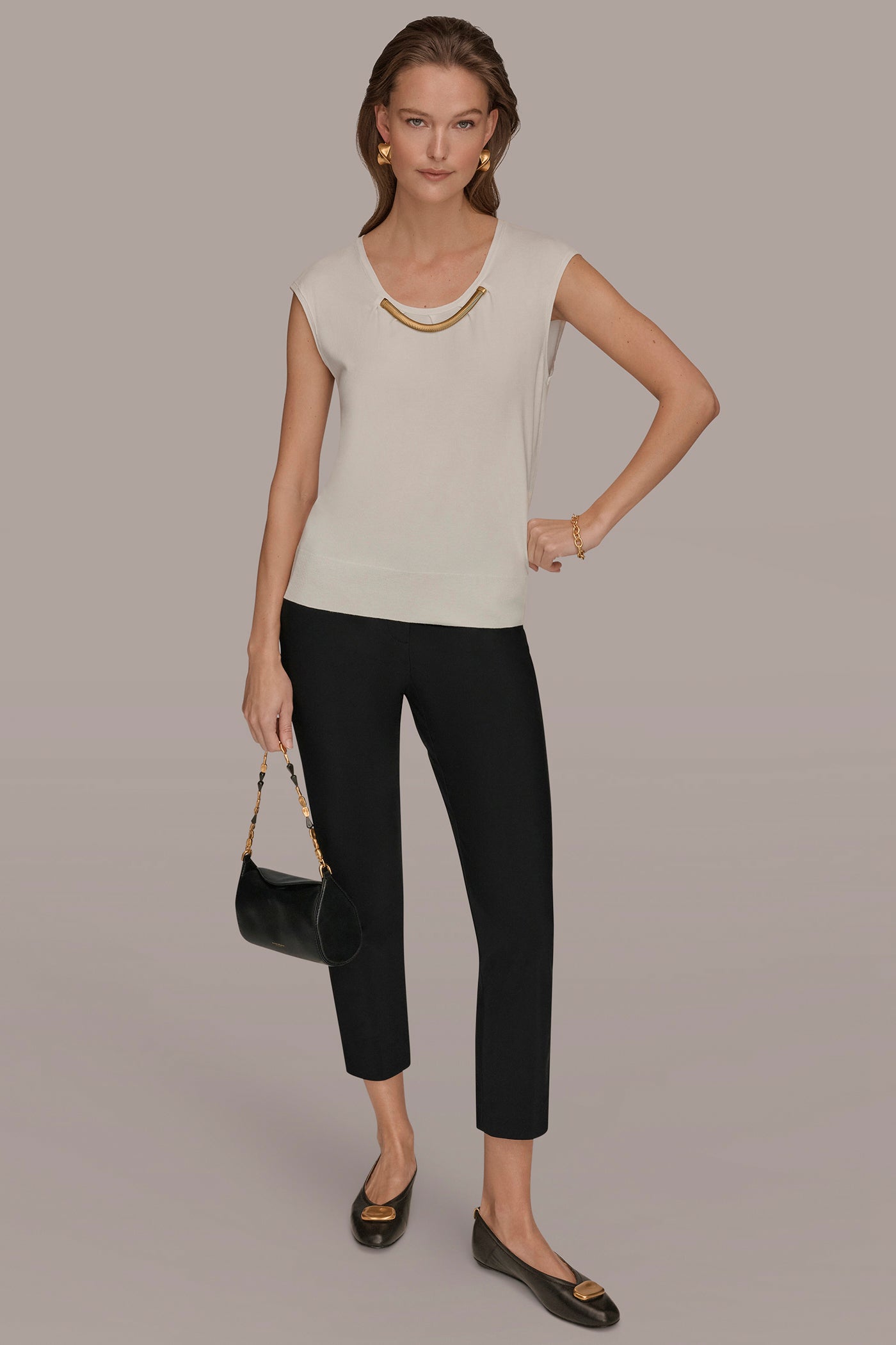 Donna Karan | CAP SLEEVE METALLIC TRIM SWEATER