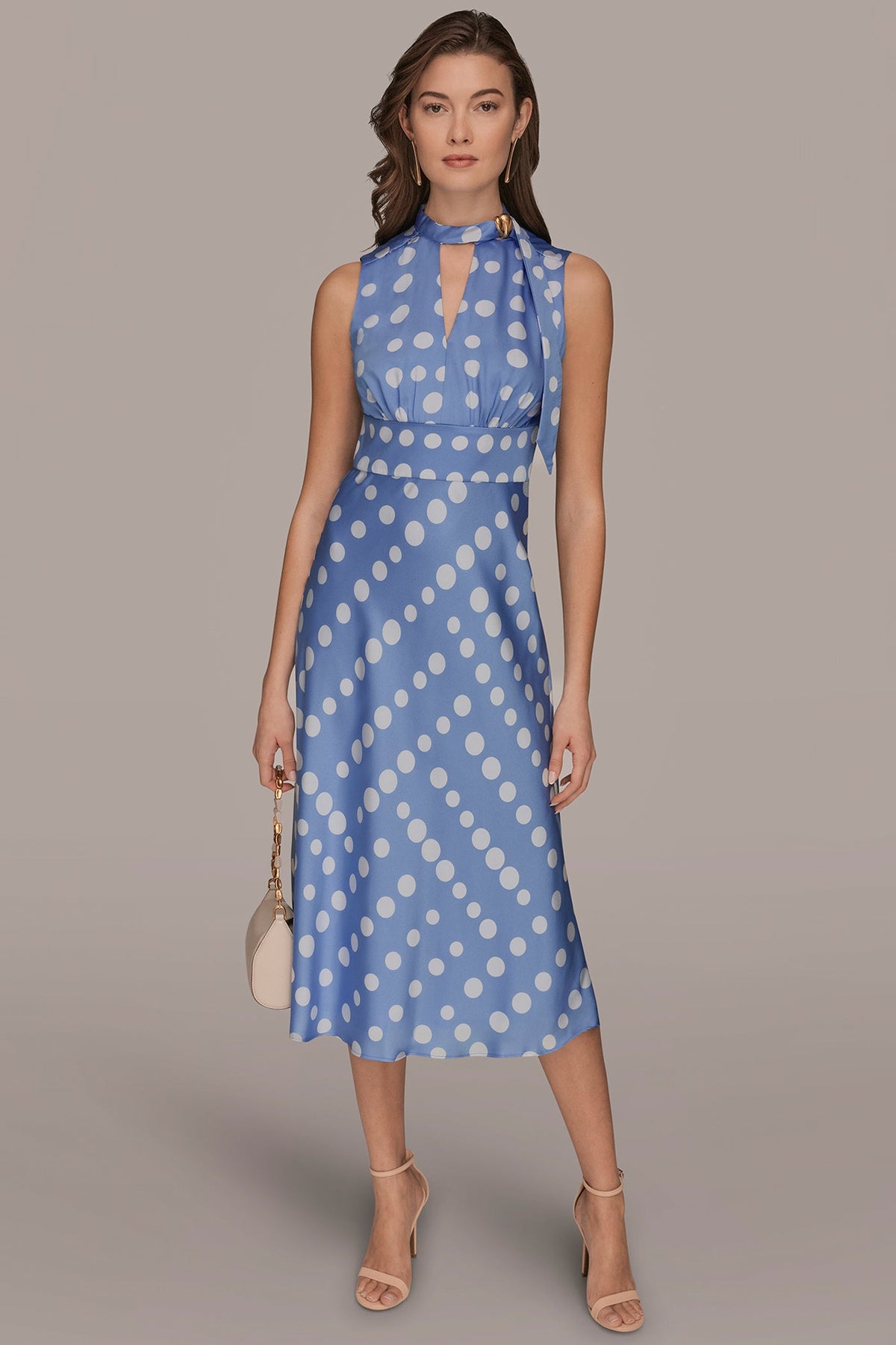 Donna Karan | SATIN POLKA-DOT TIE-NECK MIDI DRESS