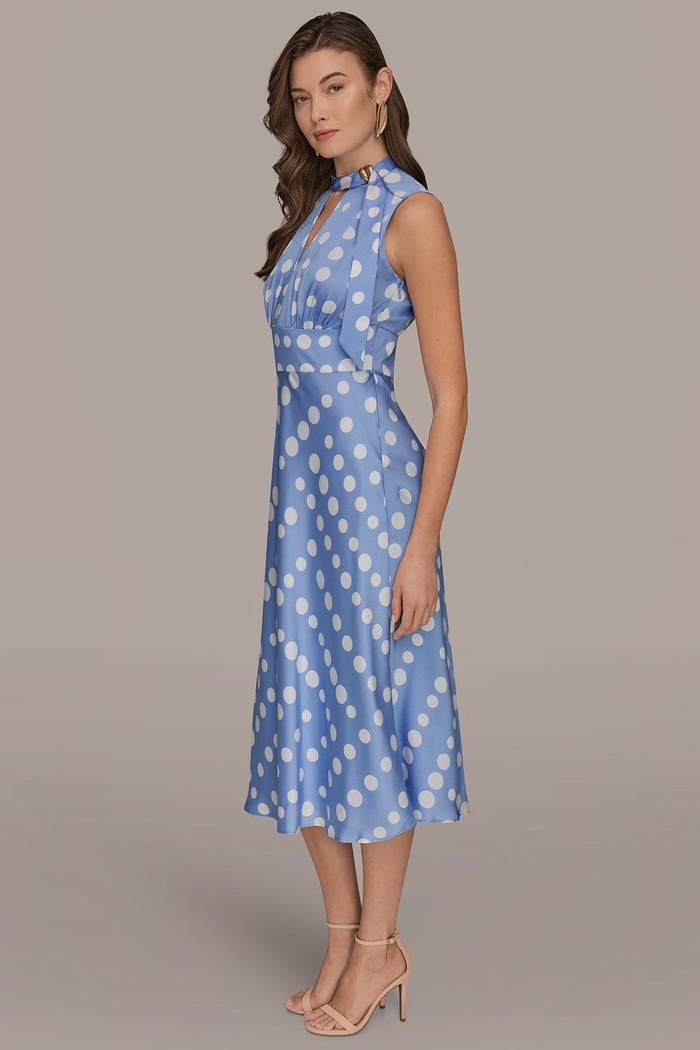Donna Karan | SATIN POLKA-DOT TIE-NECK MIDI DRESS