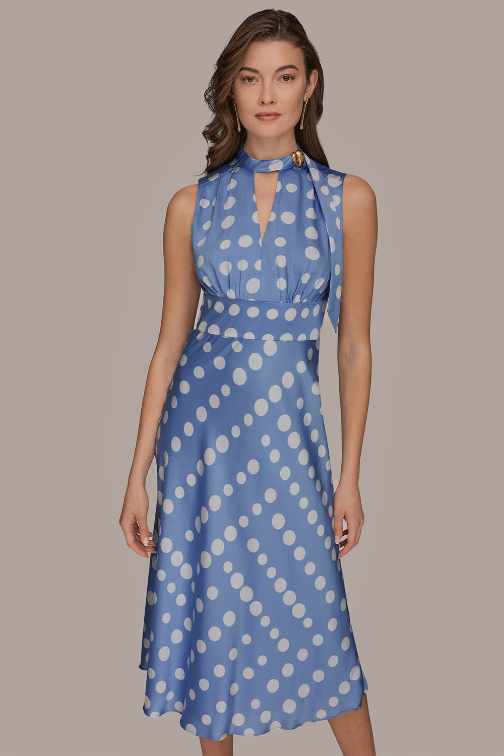 Donna Karan | SATIN POLKA-DOT TIE-NECK MIDI DRESS
