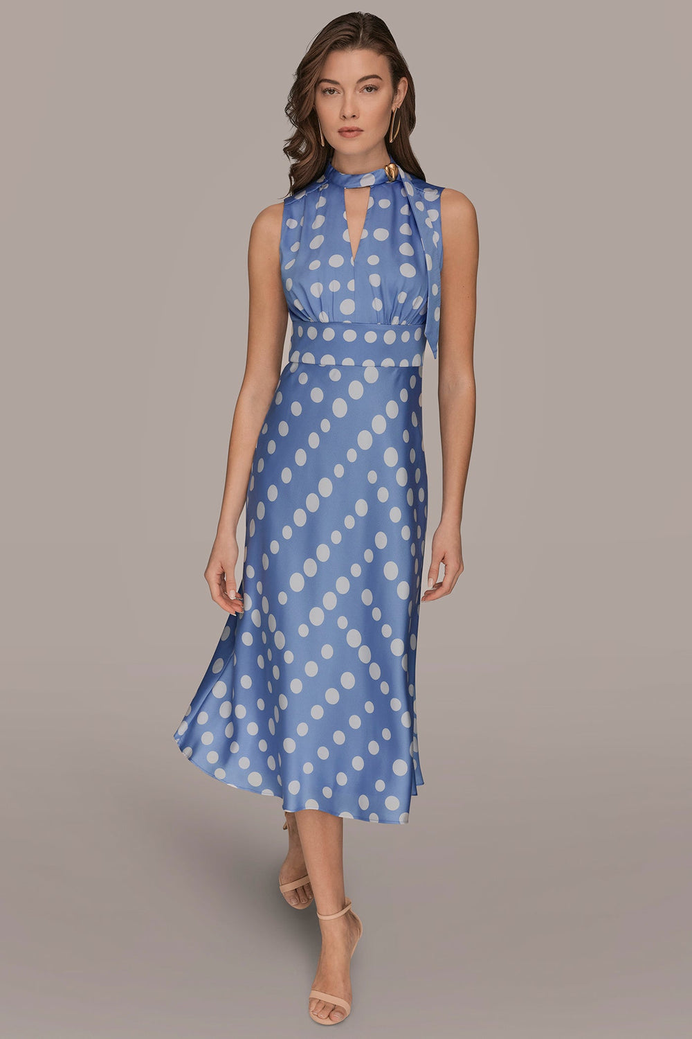 Donna Karan | SATIN POLKA-DOT TIE-NECK MIDI DRESS