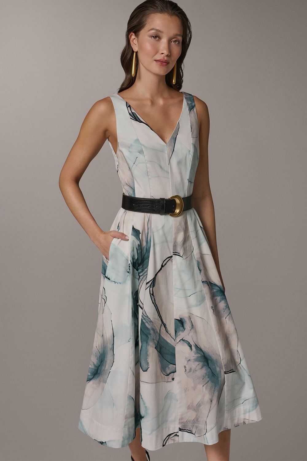 Donna Karan | STRETCH-COTTON PRINTED MIDI FIT AND FLARE DRESS