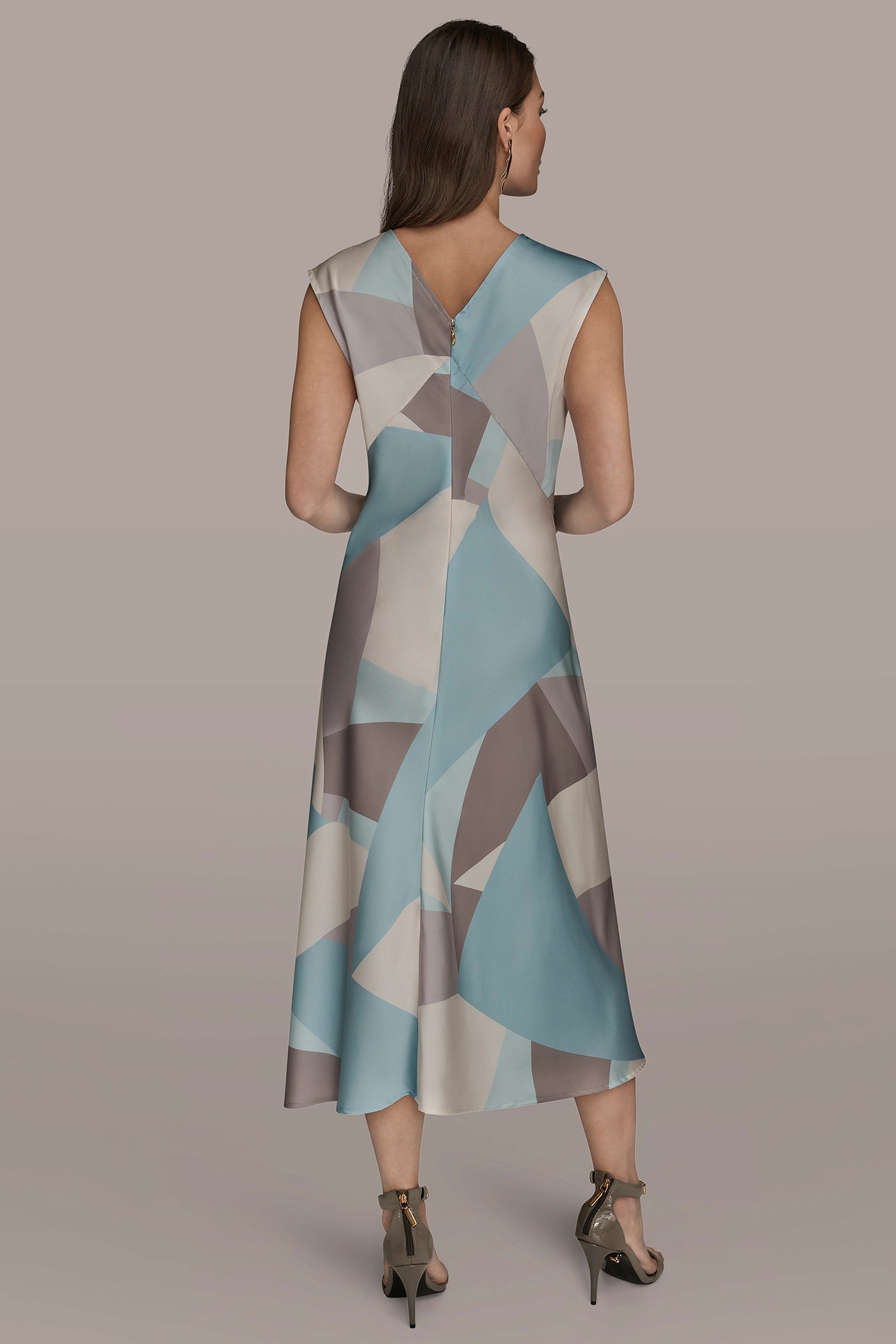 Donna Karan | CAP SLEEVE V-NECK PRINTED MIDI DRESS