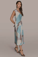 Donna Karan | CAP SLEEVE V-NECK PRINTED MIDI DRESS