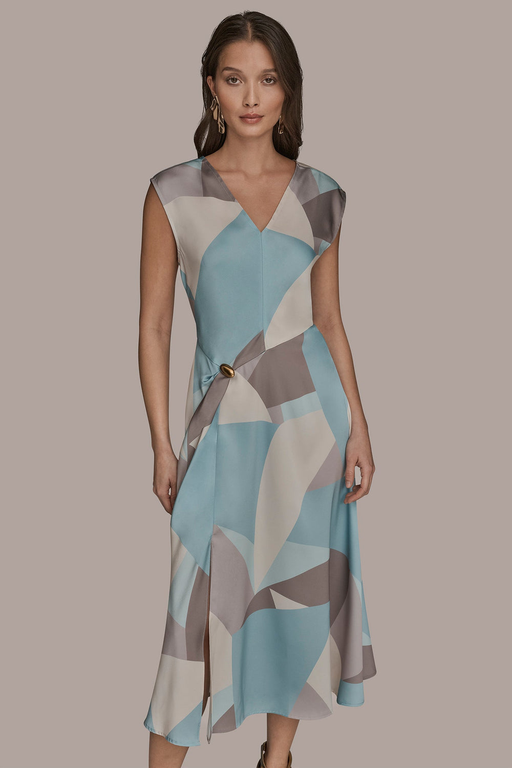 Donna Karan | CAP SLEEVE V-NECK PRINTED MIDI DRESS