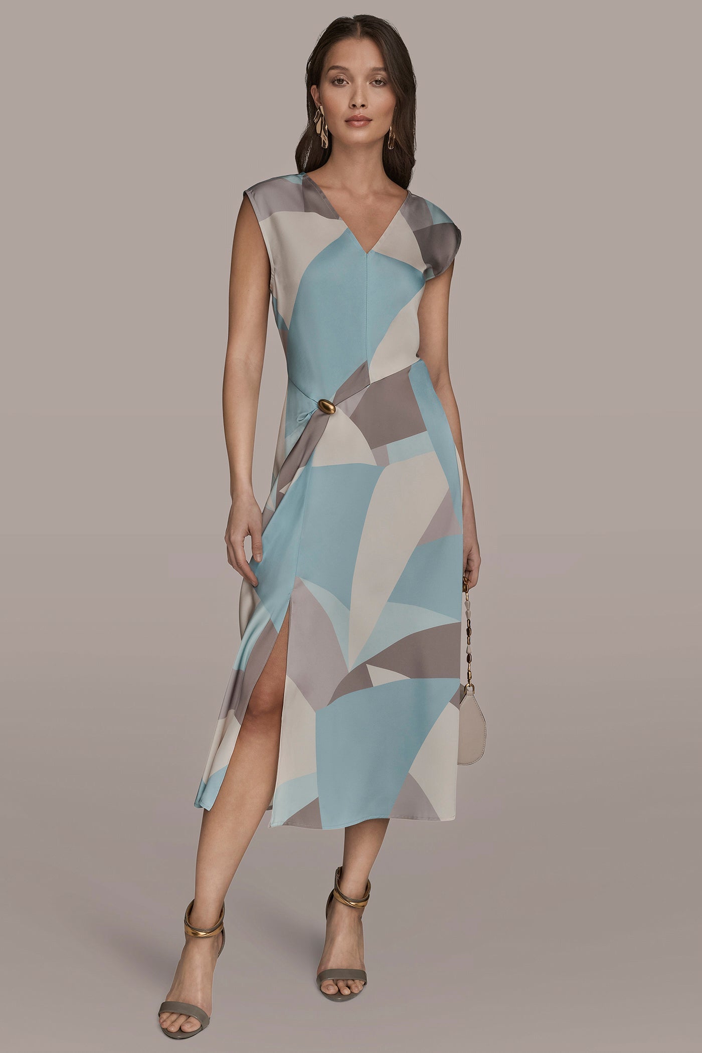 Donna Karan | CAP SLEEVE V-NECK PRINTED MIDI DRESS