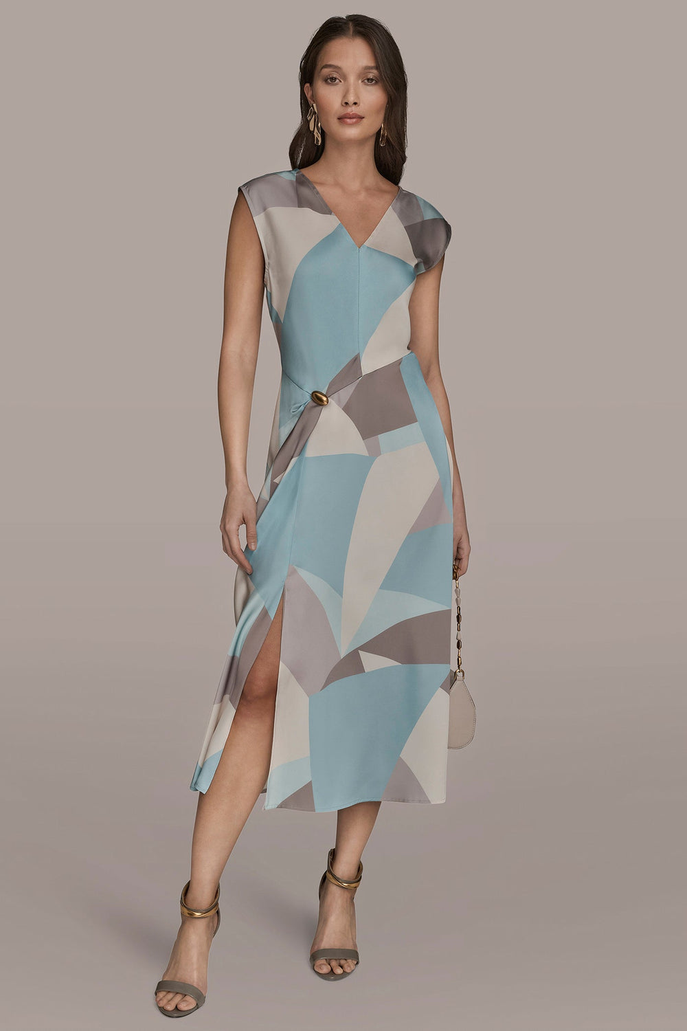 Donna Karan | CAP SLEEVE V-NECK PRINTED MIDI DRESS
