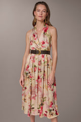 Donna Karan | CHARMEUSE FLORAL WRAP-EFFECT MIDI HALTER DRESS