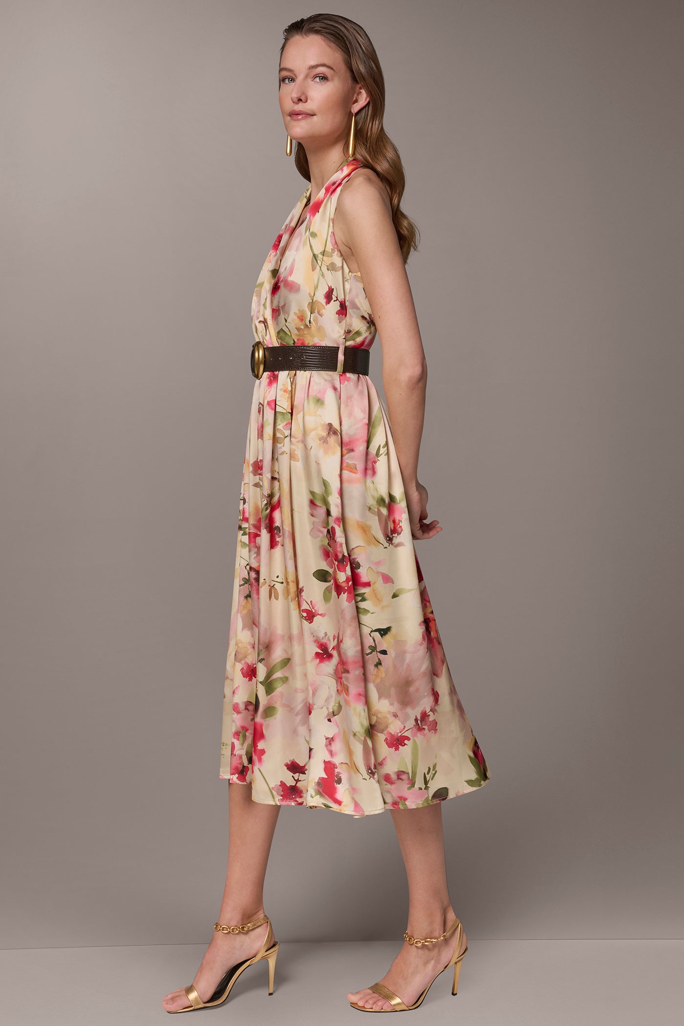 Donna Karan | CHARMEUSE FLORAL WRAP-EFFECT MIDI HALTER DRESS
