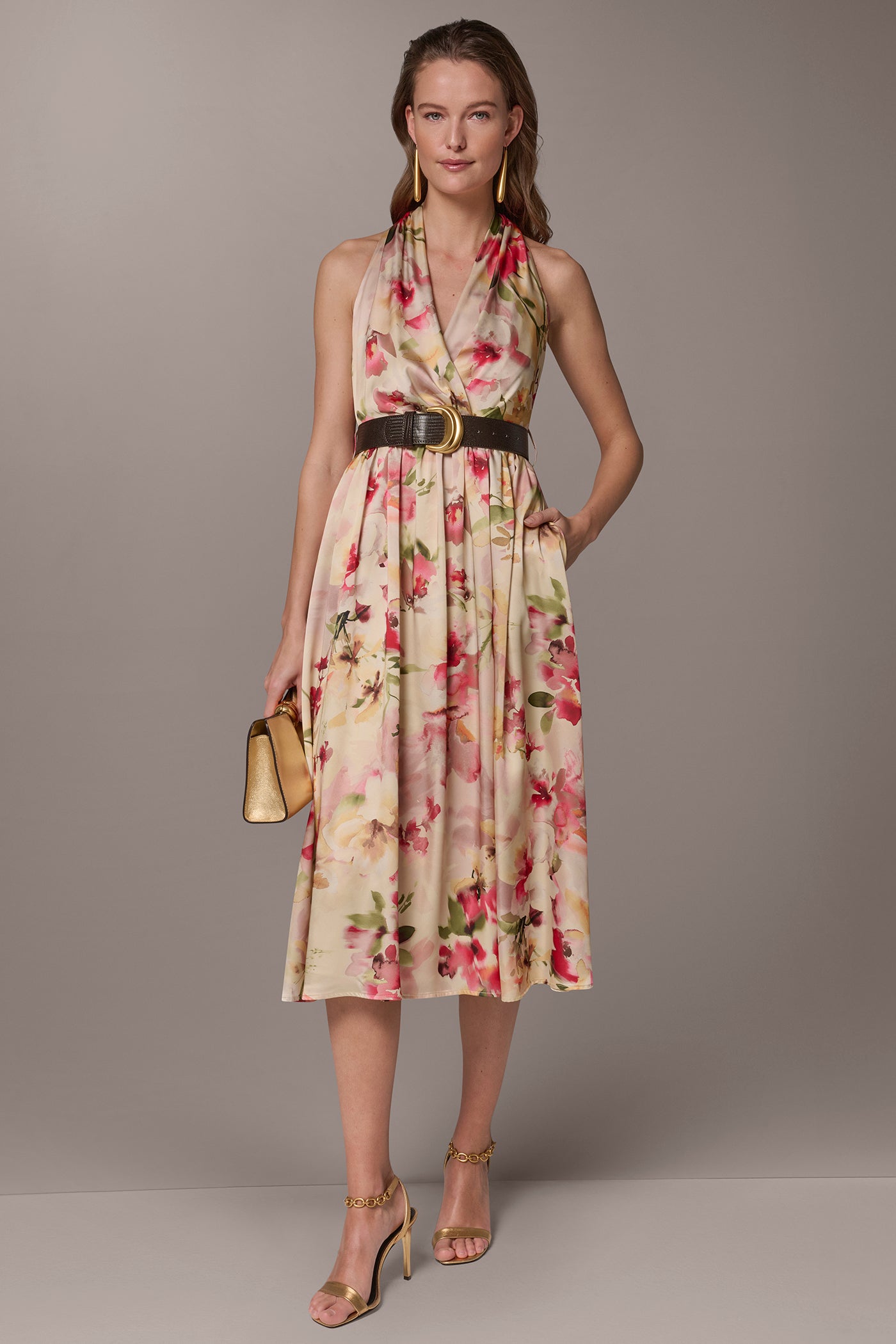 Donna Karan | CHARMEUSE FLORAL WRAP-EFFECT MIDI HALTER DRESS