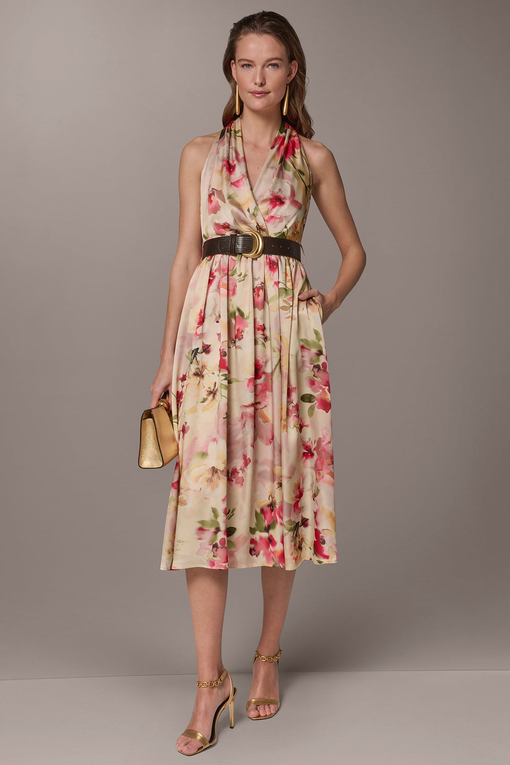 Donna Karan | CHARMEUSE FLORAL WRAP-EFFECT MIDI HALTER DRESS