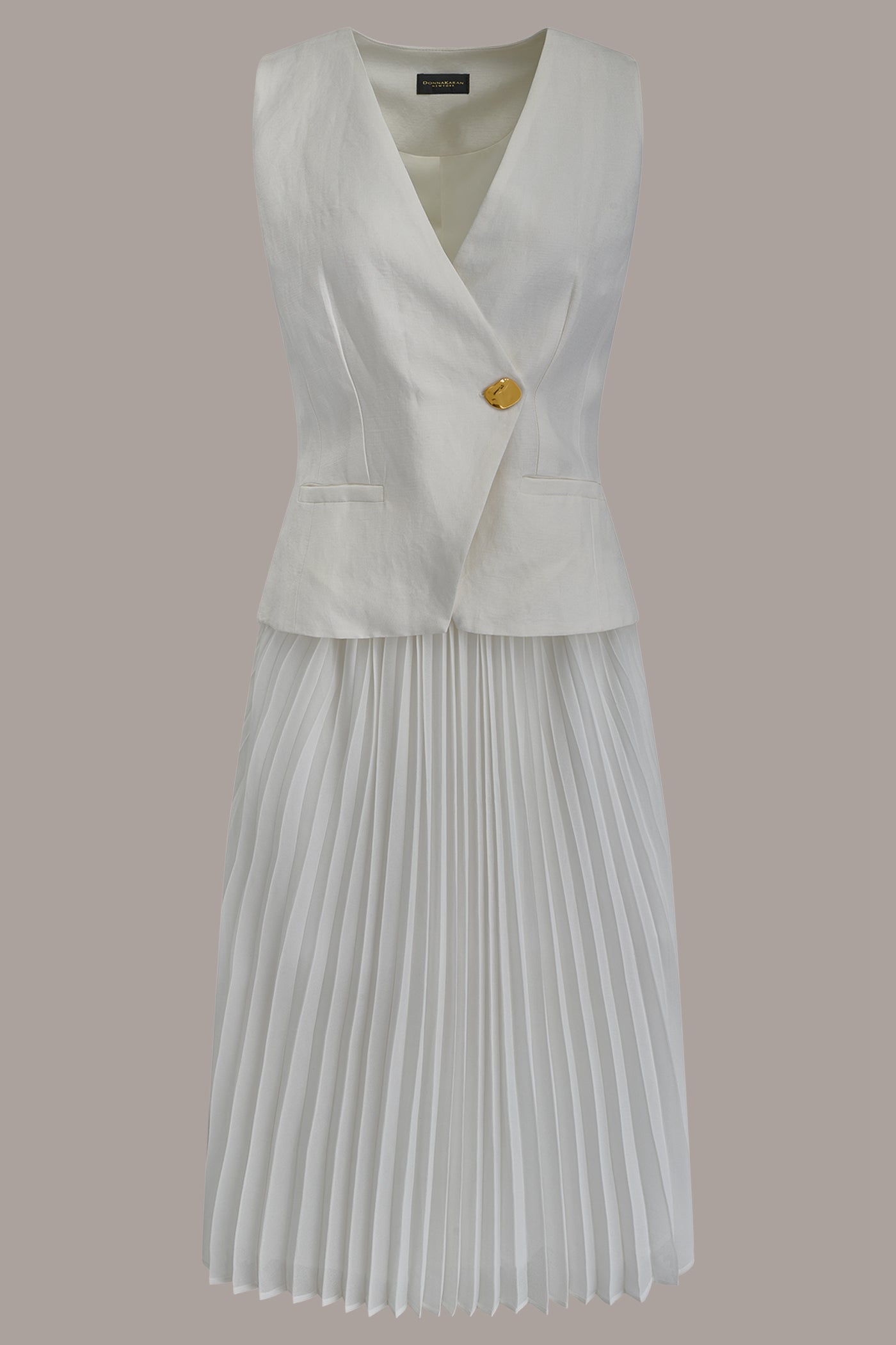 Donna Karan | LINEN-BLEND MIXED MEDIA MIDI FIT AND FLARE DRESS