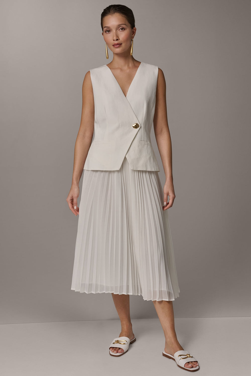 Donna Karan | LINEN-BLEND MIXED MEDIA MIDI FIT AND FLARE DRESS