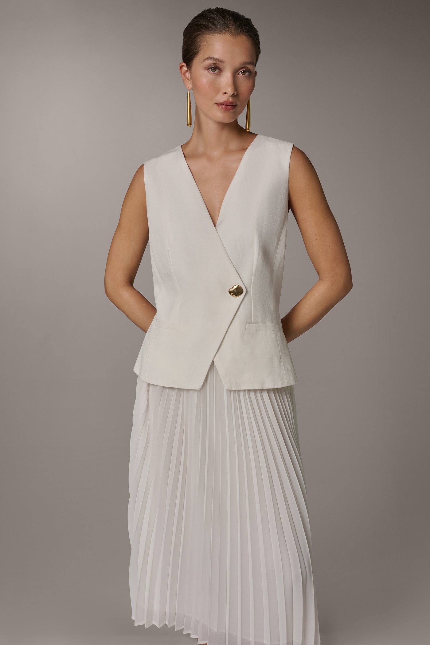 Donna Karan | LINEN-BLEND MIXED MEDIA MIDI FIT AND FLARE DRESS