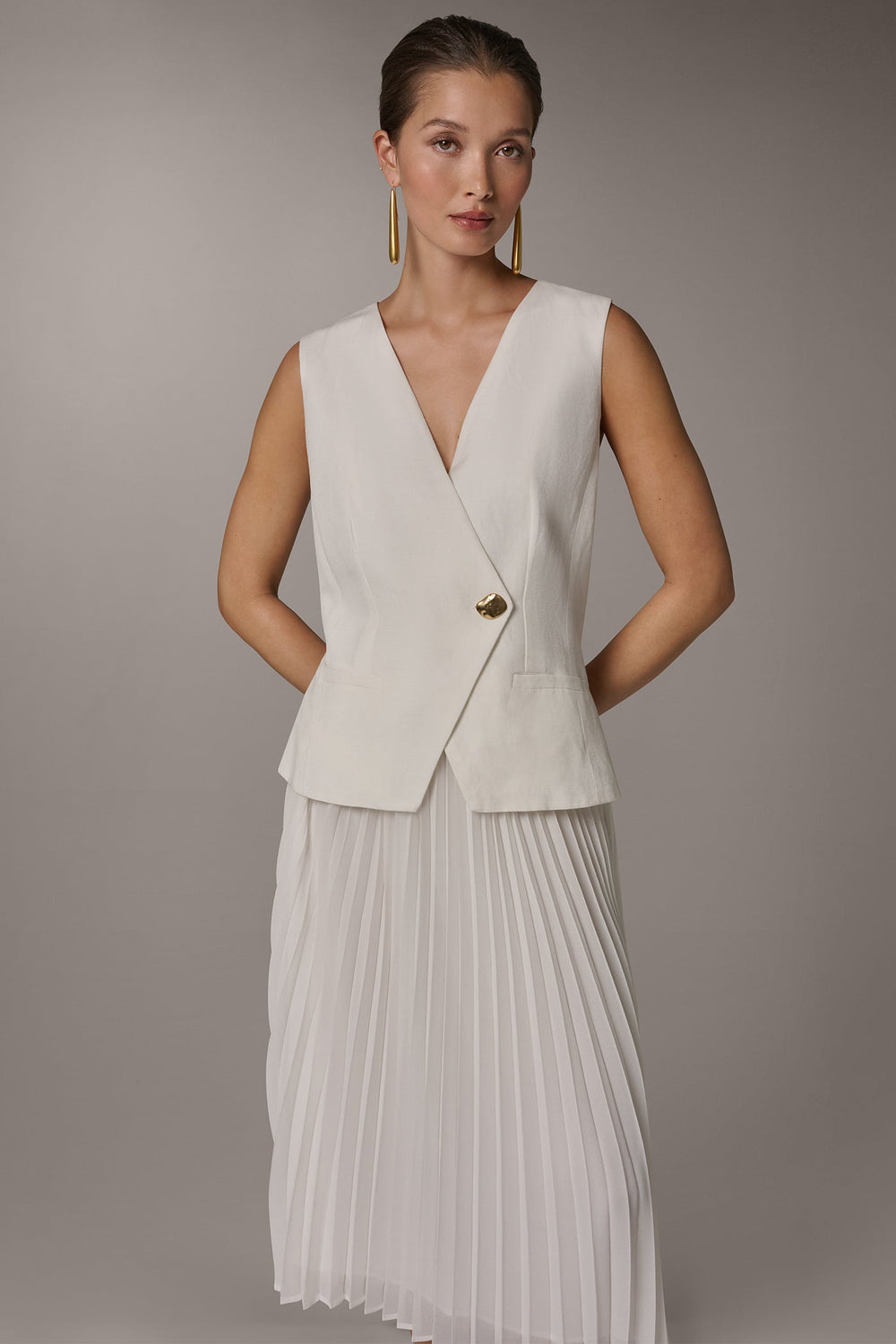 Donna Karan | LINEN-BLEND MIXED MEDIA MIDI FIT AND FLARE DRESS
