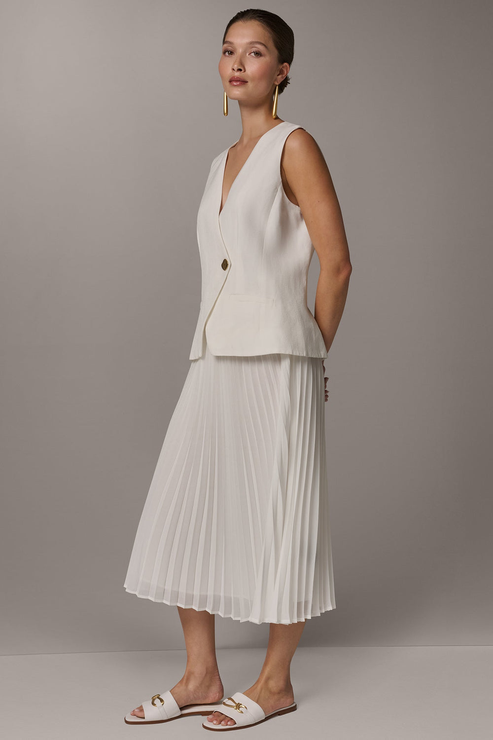 Donna Karan | LINEN-BLEND MIXED MEDIA MIDI FIT AND FLARE DRESS