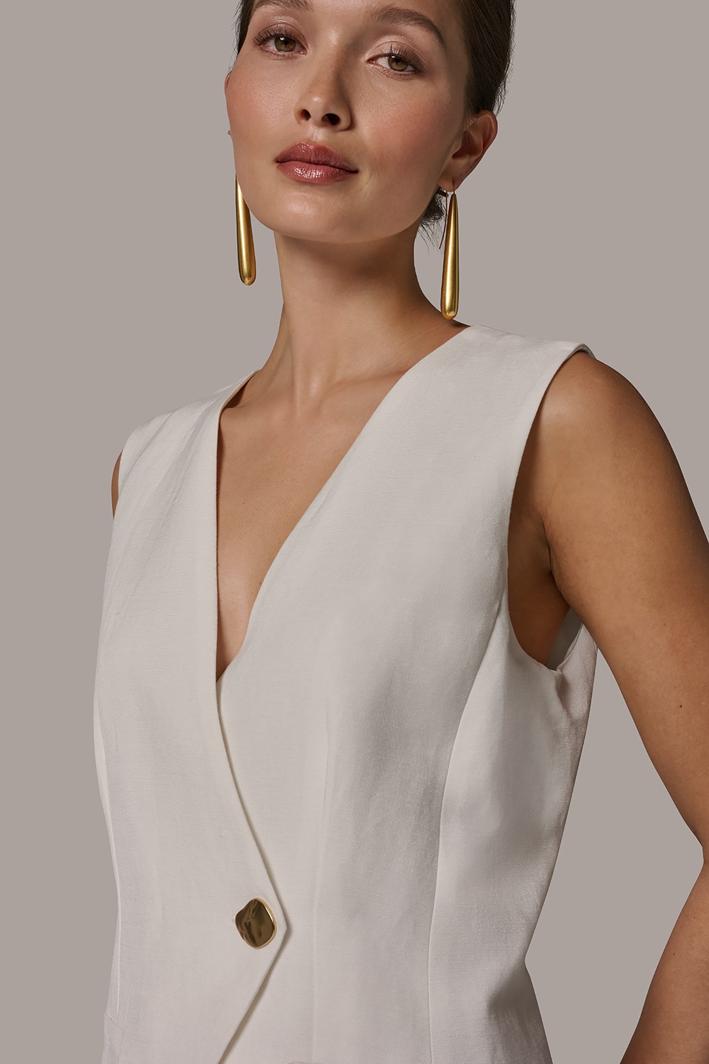 Donna Karan | LINEN-BLEND MIXED MEDIA MIDI FIT AND FLARE DRESS