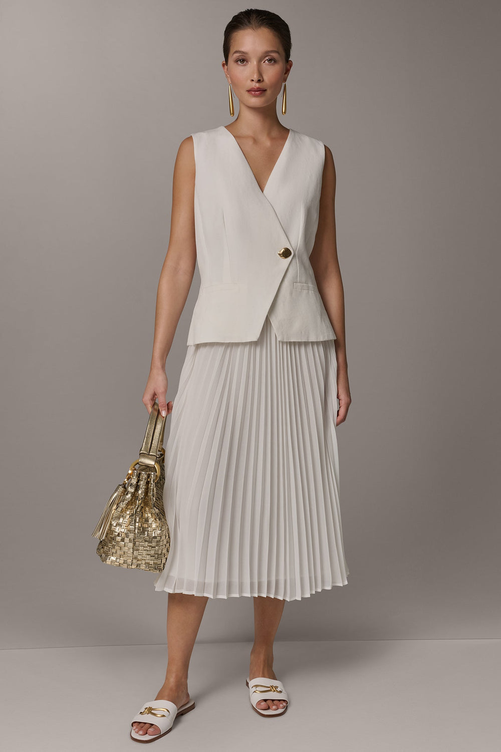 Donna Karan | LINEN-BLEND MIXED MEDIA MIDI FIT AND FLARE DRESS